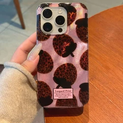 Water ripple glitter brown leopard print strawberry phone case For iPhone 11 12 13 14 15 16 pro max