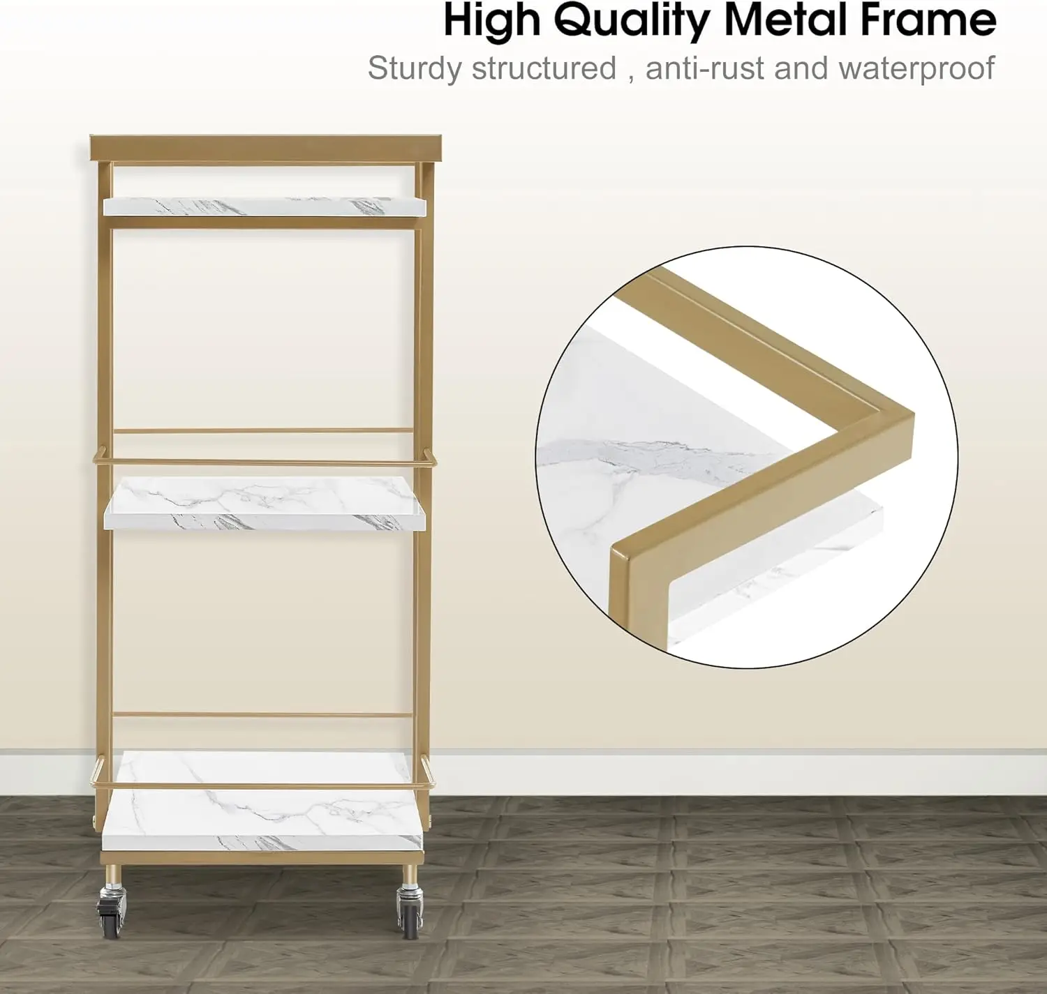 Utility Salon Trolley, metalen opbergwagen, rollende kapperswagen met wielen, gouden schoonheidsspecialiste winkelwagen