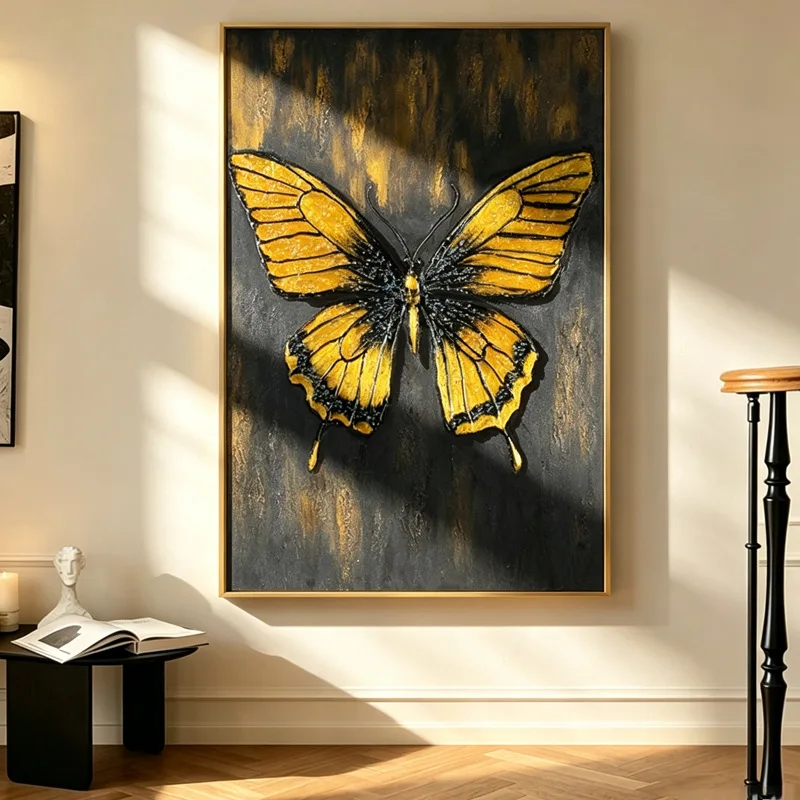 Butterfly hand-painted oil painting living room background wall decoration, painting golden texture high-end atmospheric