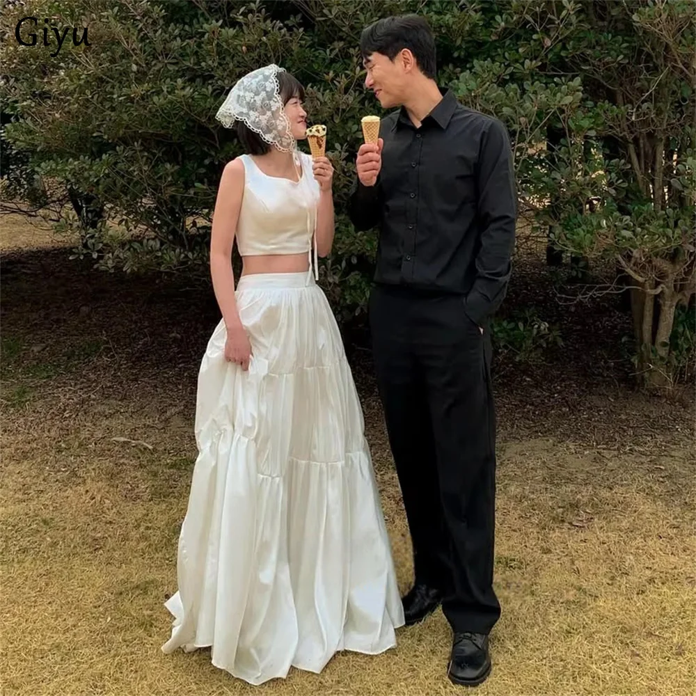 Giyu Customized 2 Pieces Korean Wedding Snap Dresses U-Neck Sleeveless A Line Bridal Gown Simple Korea Photo Shoot Gown ﻿