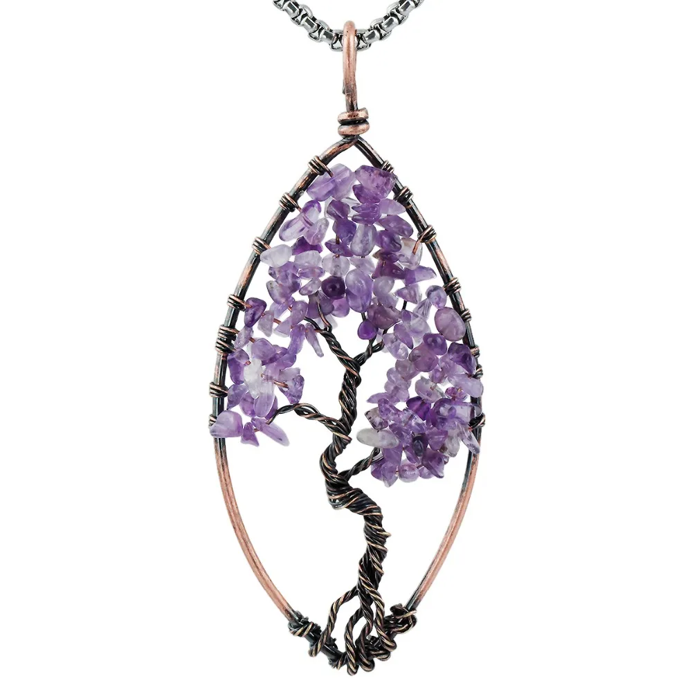 

TUMBEELLUWA Natural Purple Crystal Life Tree Pendant Wire Wrapped Tumbled Chip Stone Reiki Healing Jewelry For Women