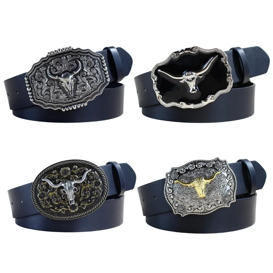 Fashion Luxury Designer Western Cowboy PU Leather Belt - Men Waist Strap Bull Decoration Floral Engraved for Jeans Accessories