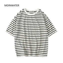 MOINWATER Women New Striped Summer T shirts Lady Oversized Drop Shoulder Casual Tees Female Elastic Short Sleeve Tops MT2310