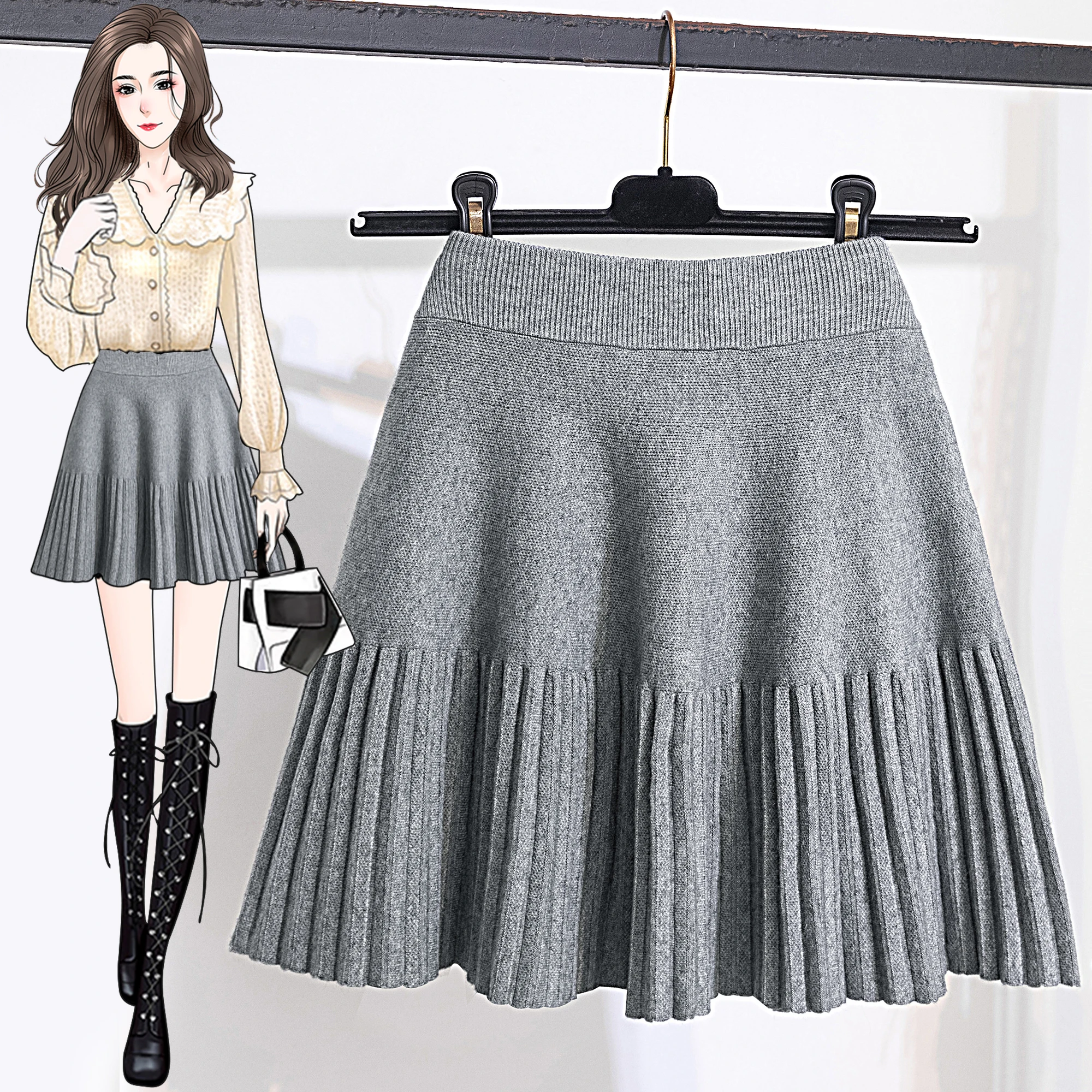 Autumn Winter Hot Girl Folds Knitted Casual Solid Color High Waist A-Line Office Lady Loose Versatile Fashion Literary Skirts