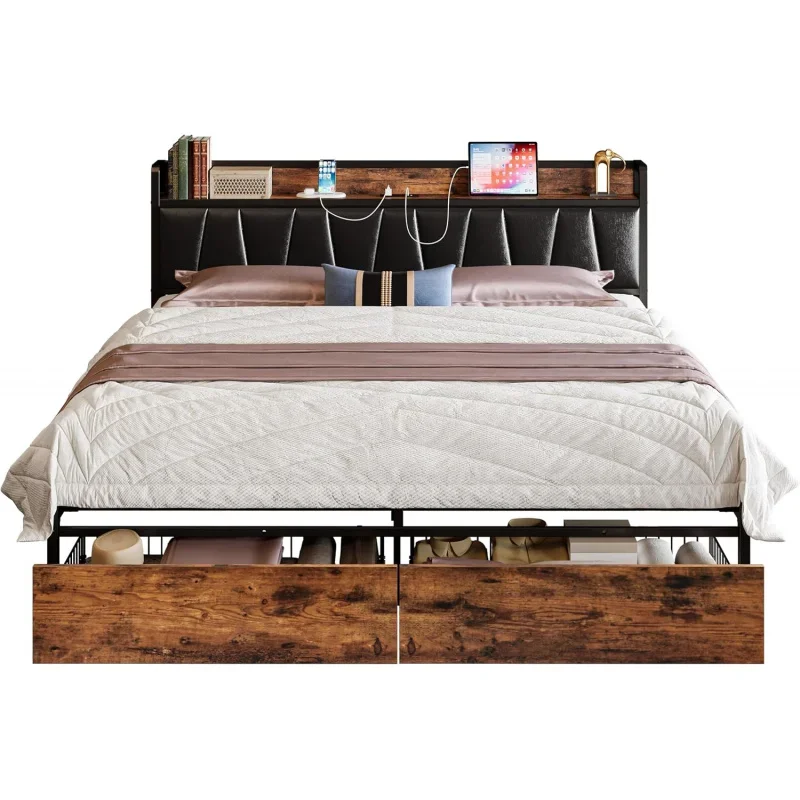 

Storage Headboard with Charging Station, Platform Bed with Drawers, No Box Spring Needed, Easy Assembly