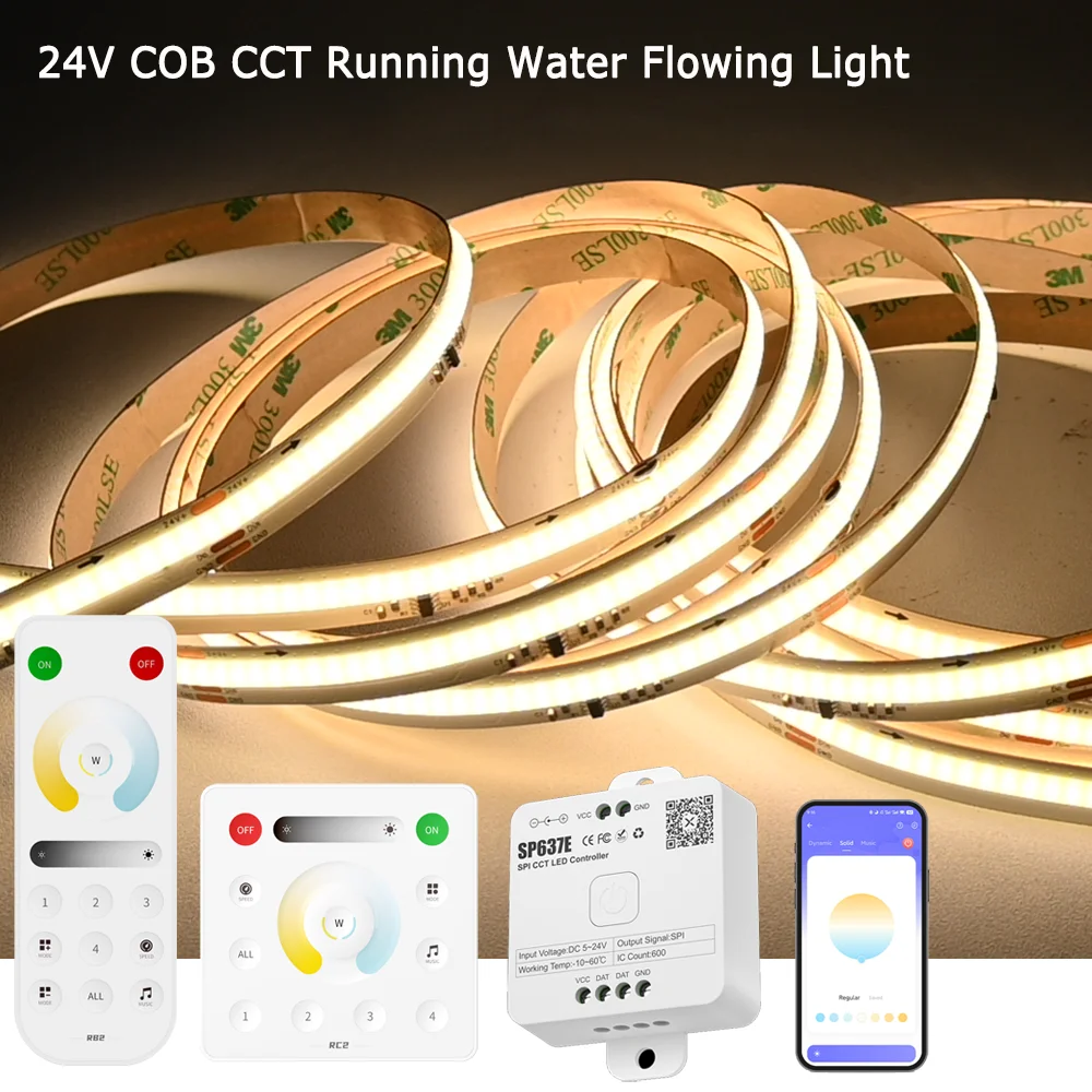 5M 10M 20M COB CCT Running Water Flowing LED Strip 24V Music Horse Racing Light Flexible Linear Lamp 2700-6500K APP Touch Remote
