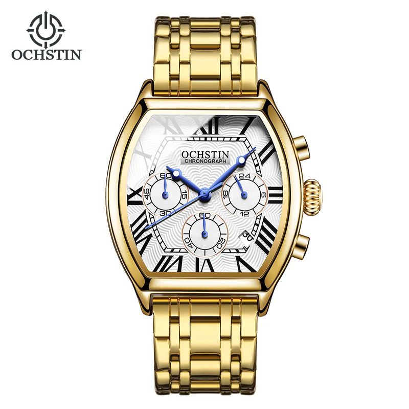Tonneau Shape Quartz Wristwatch for Men Chronograph 6 Hands Calendar Multifunction Casual Trendy Business