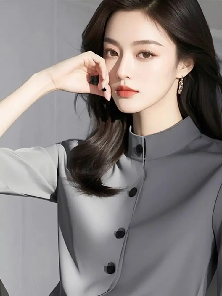 Luxury Women's Blouses Gray Stand-up Collar Shirt for Women 2025 Spring and Autumn Commuting Casual Bottoming Tops Ladies Blouse