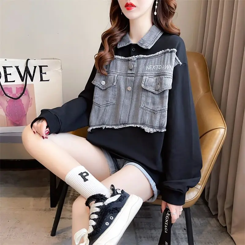 Fashion Spliced Pockets Embroidery Sweatshirts Female Clothing 2023 Autumn Winter Loose Casual Tops Fake Two Pieces Sweatshirts