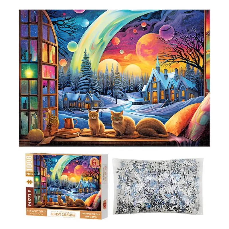 

Advent Calendar Puzzles Adult 1008 PCS 3 Cats 6 Day Countdown Christmas Puzzle Colorful Cottage Jigsaw Puzzles For Adults