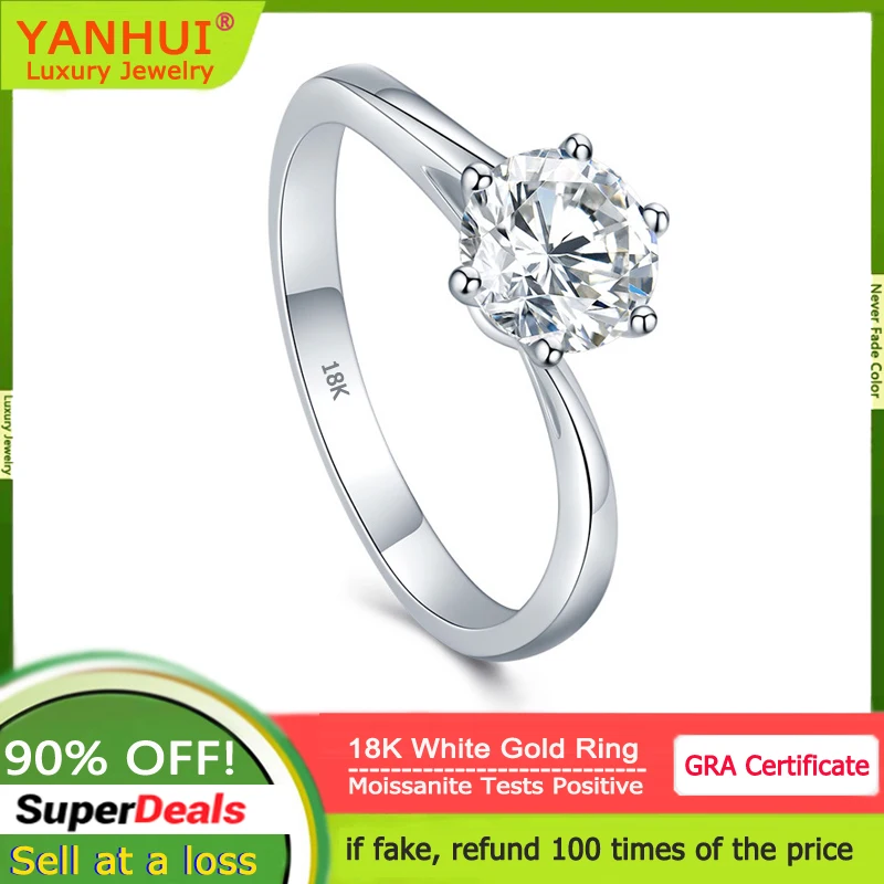 YANHUI 100%  Real 18K White Gold Moissanite Engagement Rings Luxury 1 Carat Diamond Wedding Band Classic Simple 6 Prong Rings