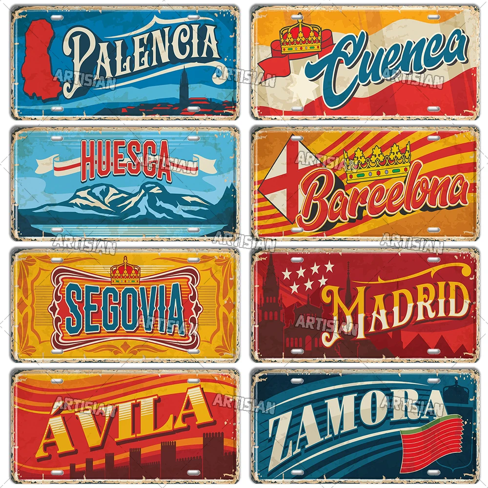 Artisian SPAIN Landmark Metal Sign City License Plate Decorative Vehicle Plate Wall Decor Garage Bar Pub Club Hotel Cafe Kitchen