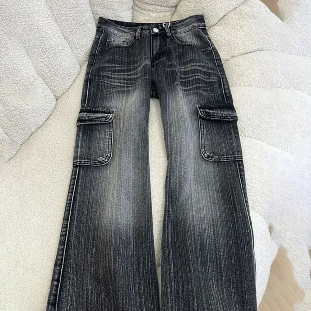 Retro Black Grey Flared Denim Pants Women's High Waist Multi Pocket Jeans American Style Fashion Gradient Color Slim Jeans