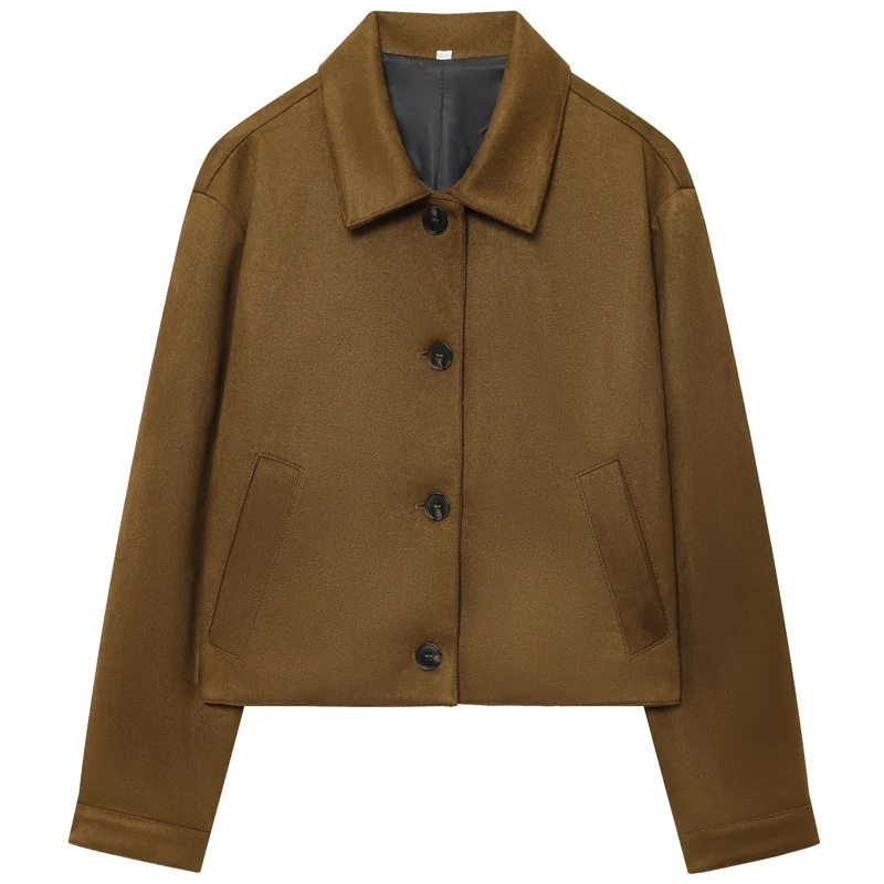 เสื้อแจ็คเก็ตผู้หญิง HXAO แจ็คเก็ตหนังกลับแบบครอป แจ็คเก็ตผู้หญิงสำหรับฤดูใบไม้ร่วงปี 2025 สีน้ำตาล แจ็คเก็ตทรงบอมเบอร์ ติดกระดุม แขนยาว เสื้อคลุมด้านนอก สไตล์เก๋ไก๋ สง่างาม