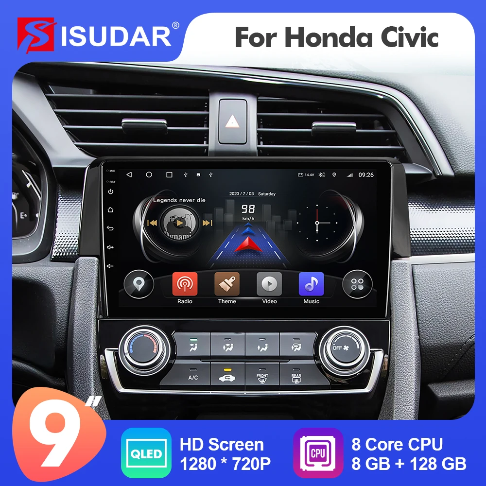 

9 Inch Isudar Android 12 Car Radio For Honda Civic 2016-2020 Carplay Auto Stereo GPS No 2din