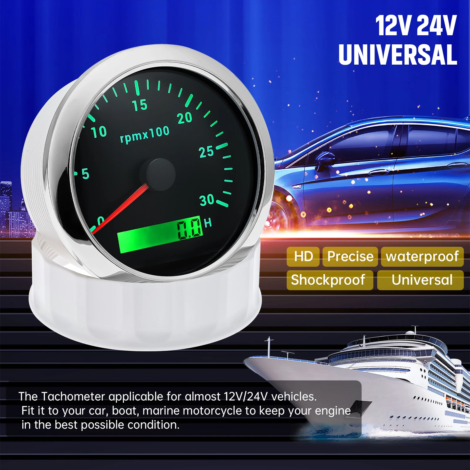7-Farben-Hintergrundbeleuchtung 85mm Auto-Marine-Drehzahlmesser 3K 4K 6K 7K 8K 8000RPM Umdrehungszähler mit LCD-Betriebsstundenzähler 12V/24V – Detail 17