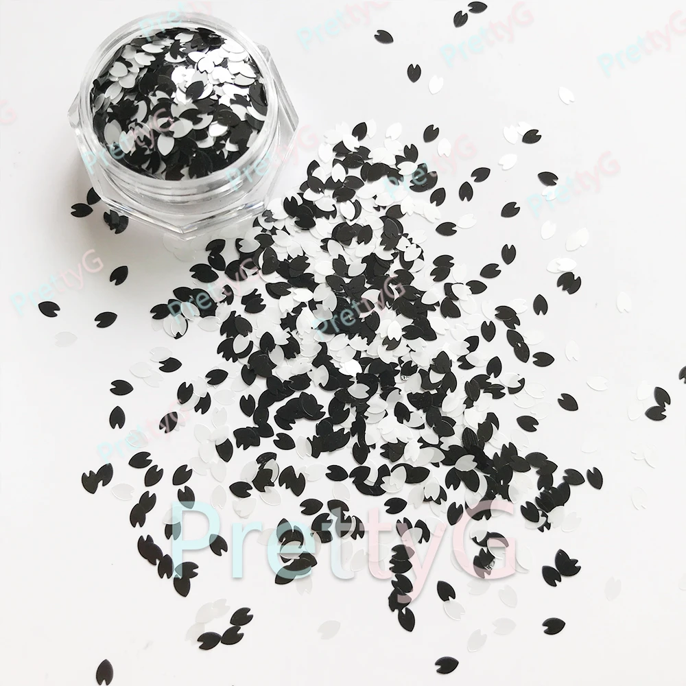PrettyG 1 Box 3mm Sakura Petal Flower Glitter Black White Pink Sequins 3D Cherry Blossoms Glitter For DIY Nail Art Decorations