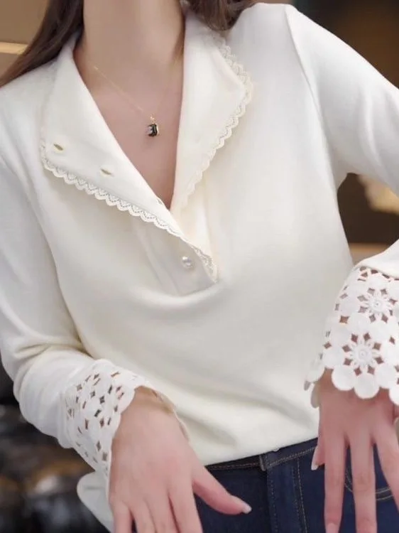 

Уникальная женская свободная блузка с кружевными вставками и открытым воротником из бархата, новая зимняя универсальная теплая кофта с длинными рукавами, цветная