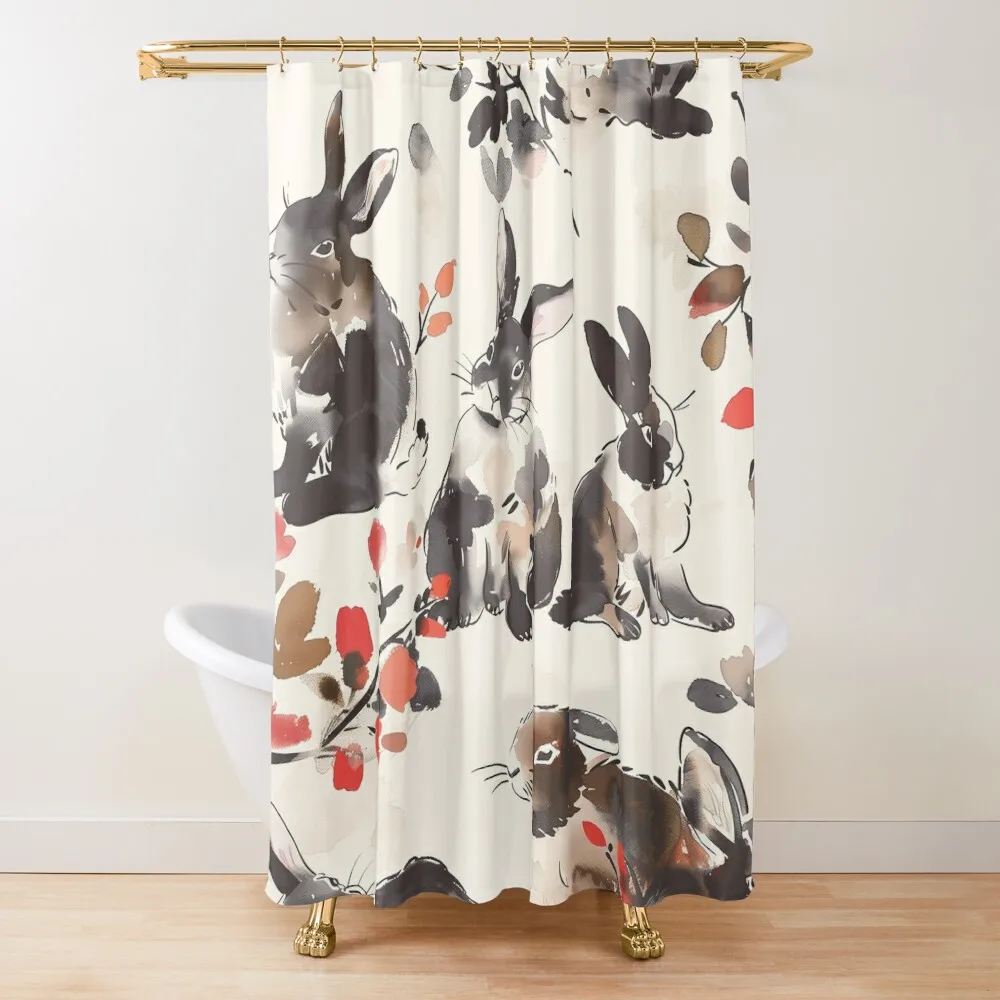 

Japanese ink bunny pattern Shower Curtain For Bathrooms Bathroom Deco Funny Shower Curtain