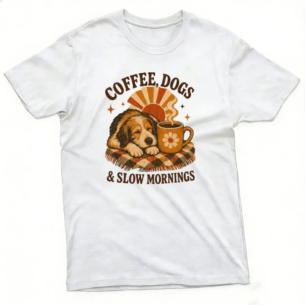 Coffee Dogs Slow Mornings Retro Men T Shirt Summer Vintage Sunburst Tee Sleeping Hound Mug Print Vacation T Shirt