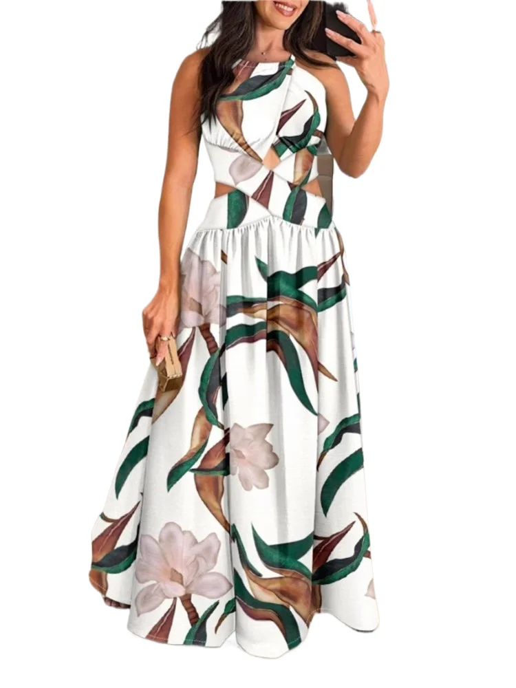 

Elegant Print Halter Dress Women Fashion Sleeveless High Waist Loose Dresses Robe Femme Casual Holiday Womens Clothing Summer