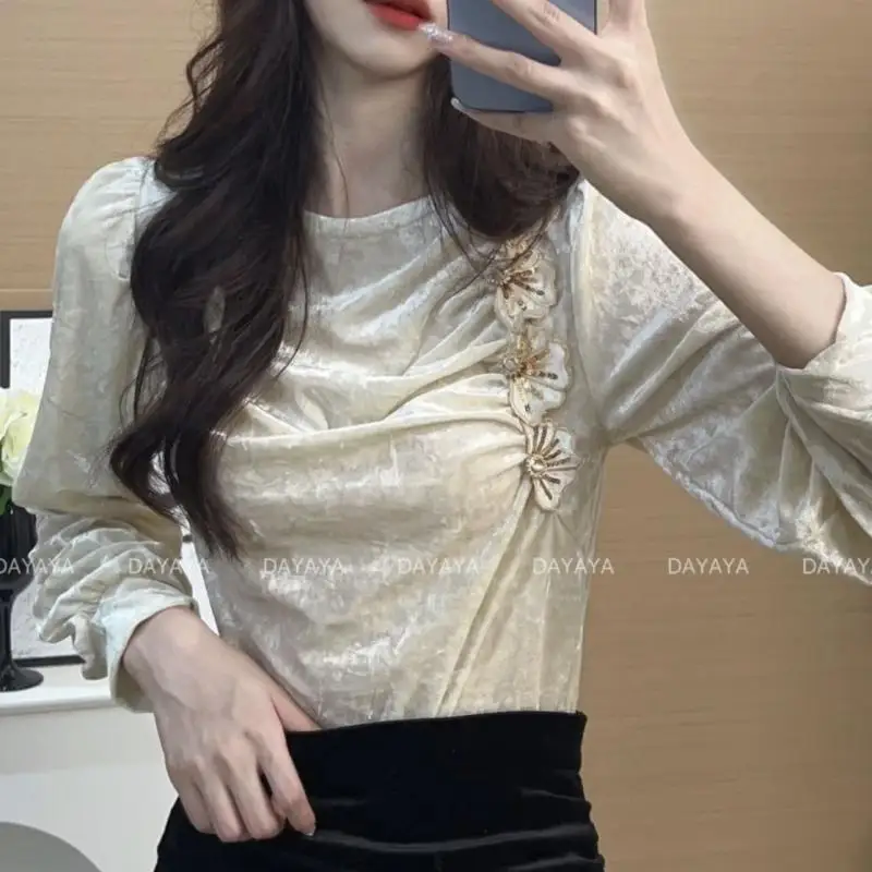 Fashion Retro 2024 Spring Autumn New Blouses Women's Solid Color Spliced Ruched Embroidered Round Neck Loose Long Sleeve Shirts