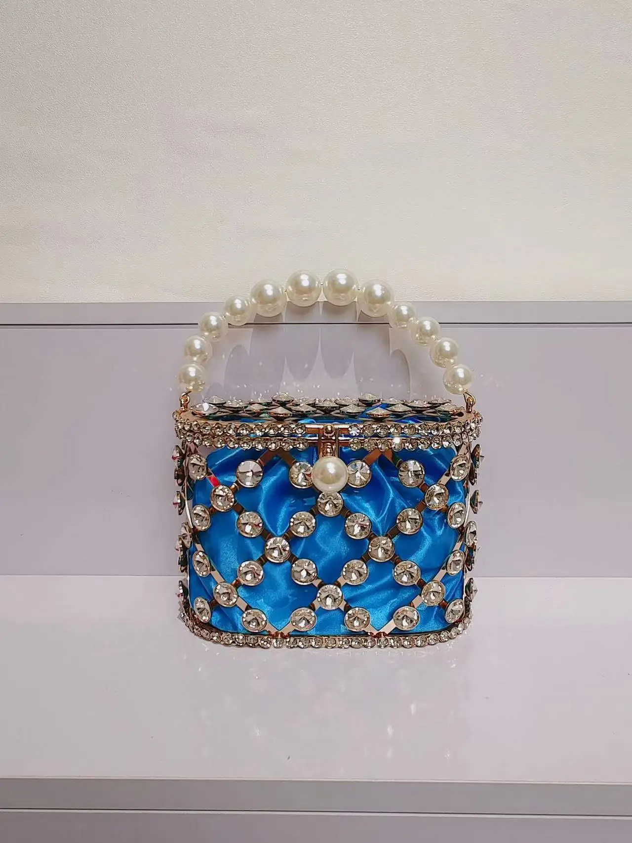 Luxury Metal Cage Pear Beading Women Handbag Crystal Rhinestones Diamond Evening Bag Wedding Party Clutch Purse Shoulder Bag