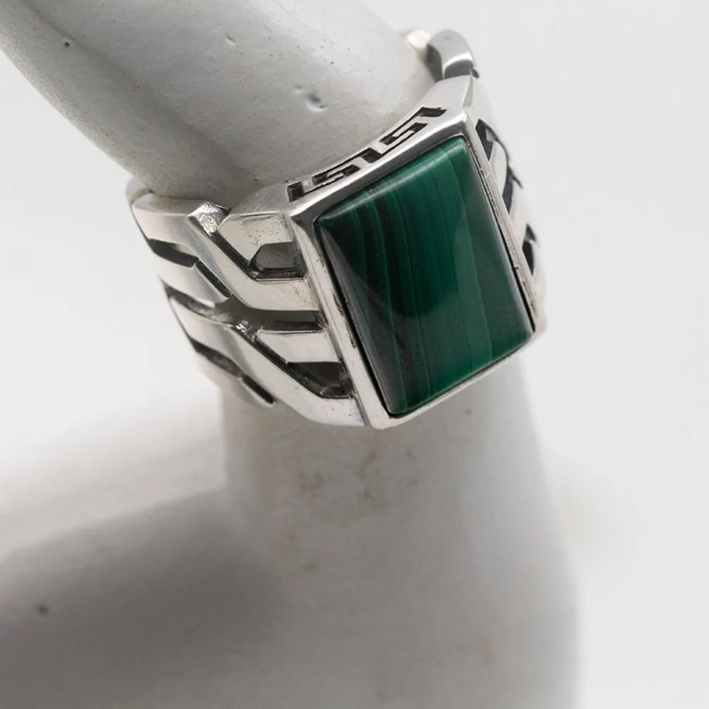 Wholesale Men Ring Base real 925 Sterling Rings Green Rectangle Malachite Stone Rings Men Silver