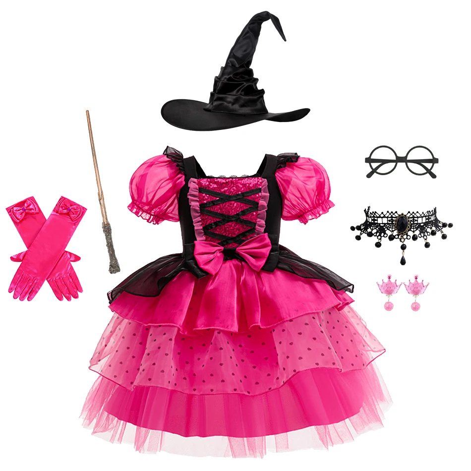 

Girls Halloween Dress Children Rose Red Puff Sleeve Fashionable Dress Little Girl Cute Lolita Gown Birthday Party Gift