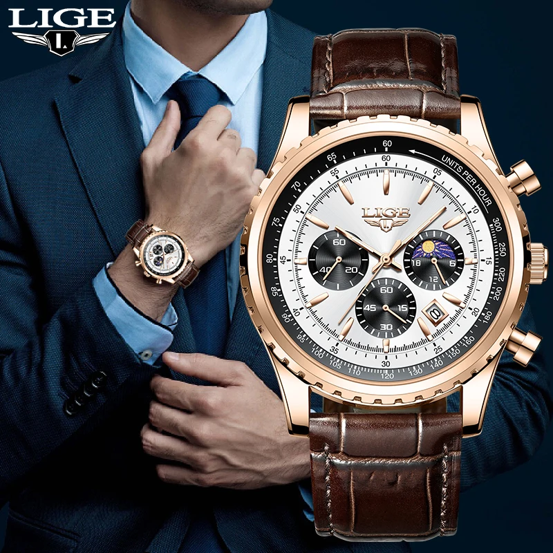 LIGE Man Watch Fashion Luxury Leather Strap Extraordinary Casual Sport Quartz Men\'s Watches 24H Moon Phase Waterproof Wristwatch