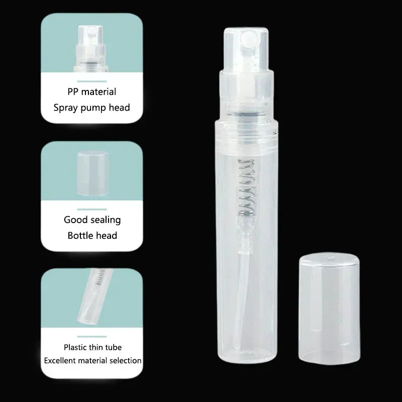 50 pz 2 ml bottiglie spray di profumo vuote contenitori cosmetici in plastica riutilizzabili mini pompa portatile atomizzatore a nebbia fine per i viaggi