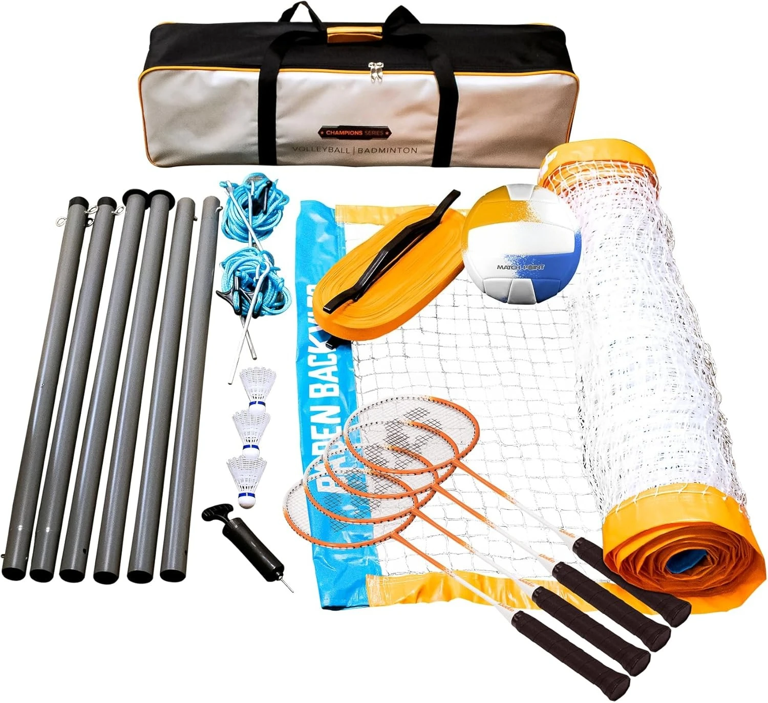

Champions Volleyball/Badminton Portable Combo Set, 4 Raquets 3 Birdies - Boundary- Volleyball + Pump + Carry Bag·Free Shipping