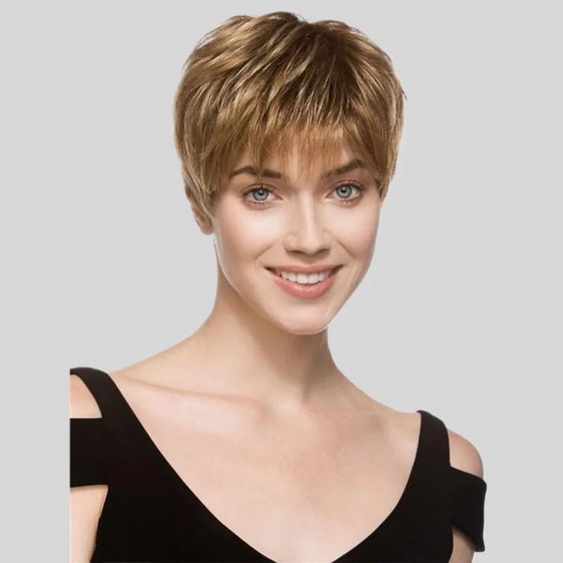 

Европейский и американский женский синтетический полный короткий вьющийся парик, мелкий золотистый цвет, парик из прямых волос для повседневного ношения