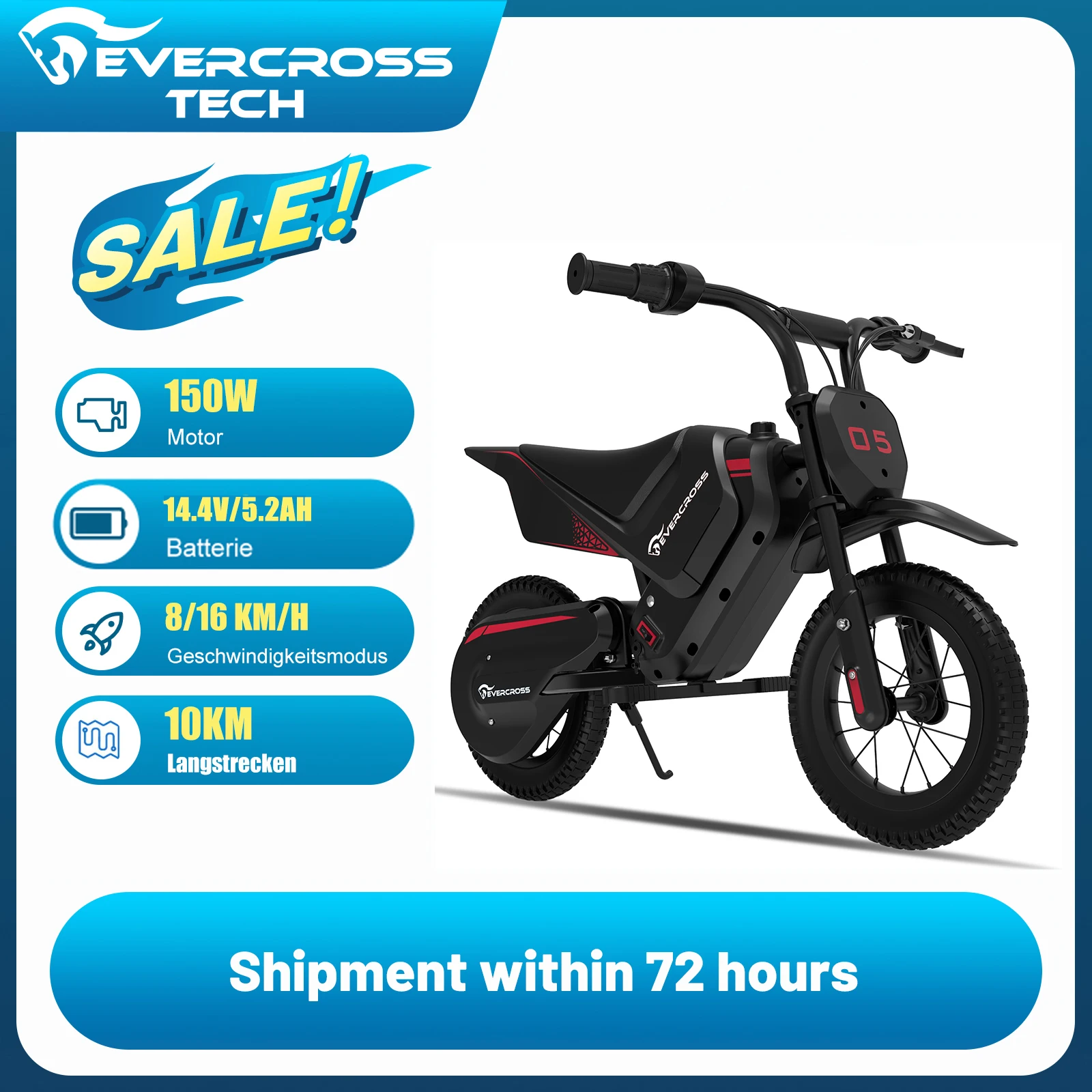 EVERCROSS TECH EV05M Motor Électrique pour Enfants, 150W, Vitesses 8/16 km/h, Autonomie jusqu'à 10 km, Moto Cross 12 Pouces pour