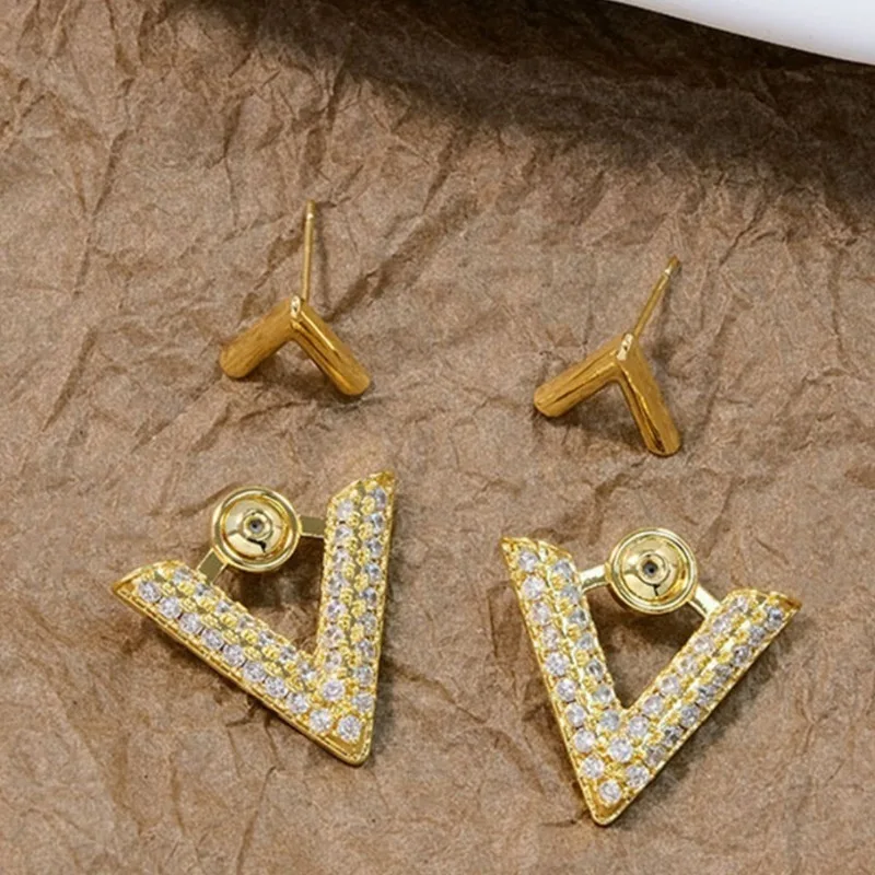 Letter Double V Stud Earrings, High-End Sense Front and Rear Two Wear Size V-Shaped Full Zircon Niche Rhombus Versatile Earrings