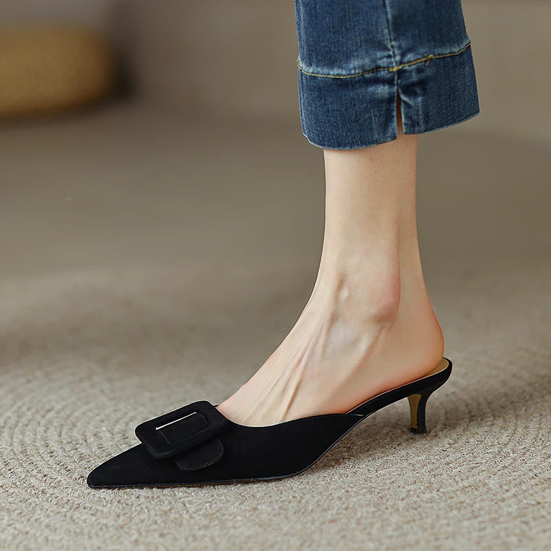 basic style shoes kid suede fashion buckle slippers Women pumps with pointed toe Woman Elegant Summer sandals for woman