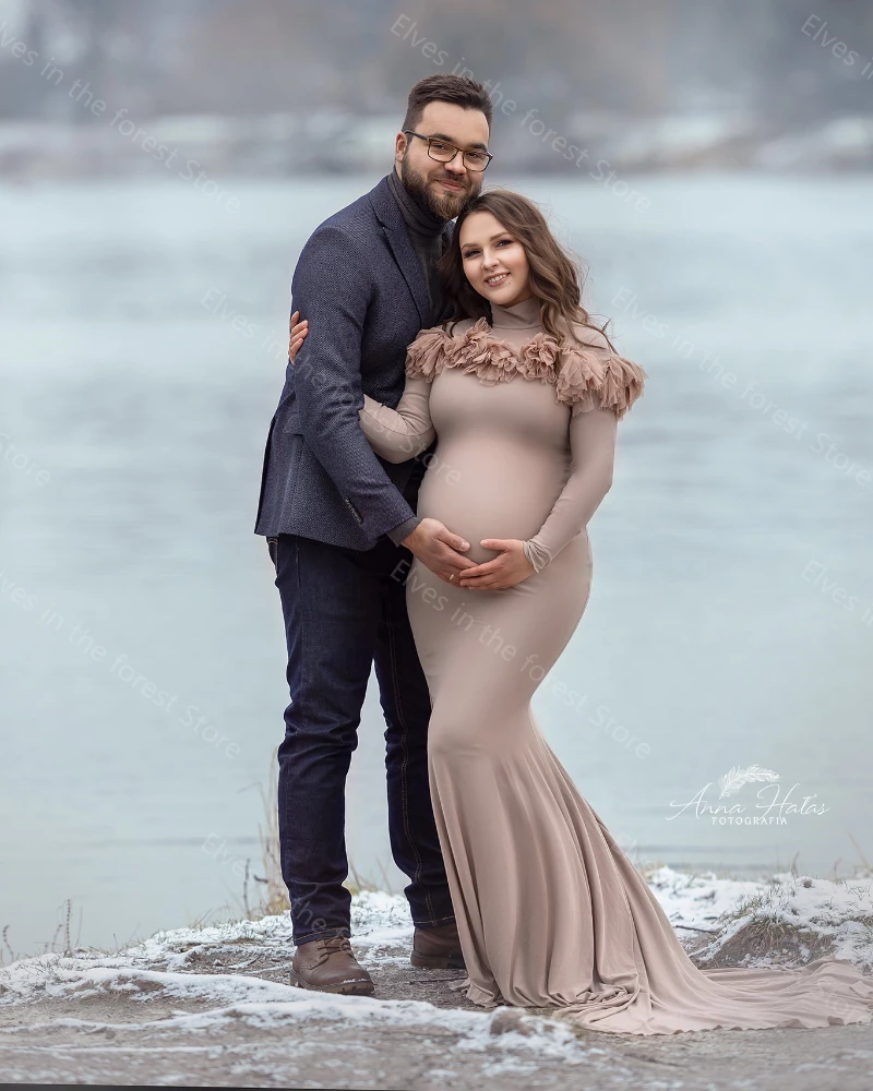 Vintage  Mermaid Maternity Dresses High Neck Long Sleeves Pregnant Gowns With Detachable Train Bathrobes for Photo Shoot