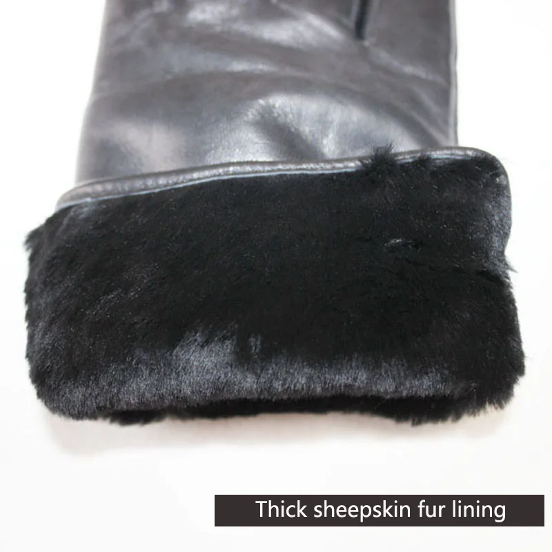 Winter Warm Sheepskin Leather Gloves Men\'s Black Thick Sheepskin Fur Lined Outdoor Windproof and Cold Protection Gloves