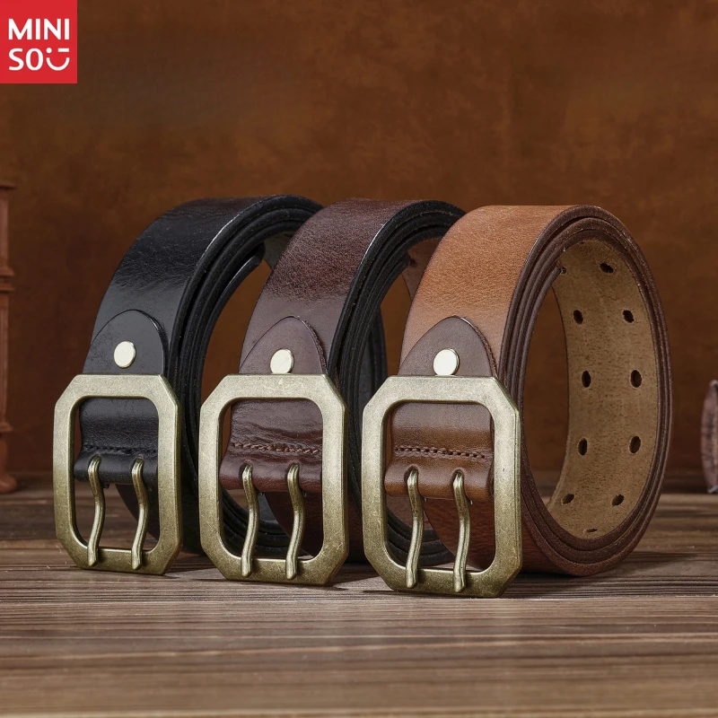 

Miniso Genuine Cowhide Leather Belt for Men, Vintage Jeans Strap with Antique Brass Buckle