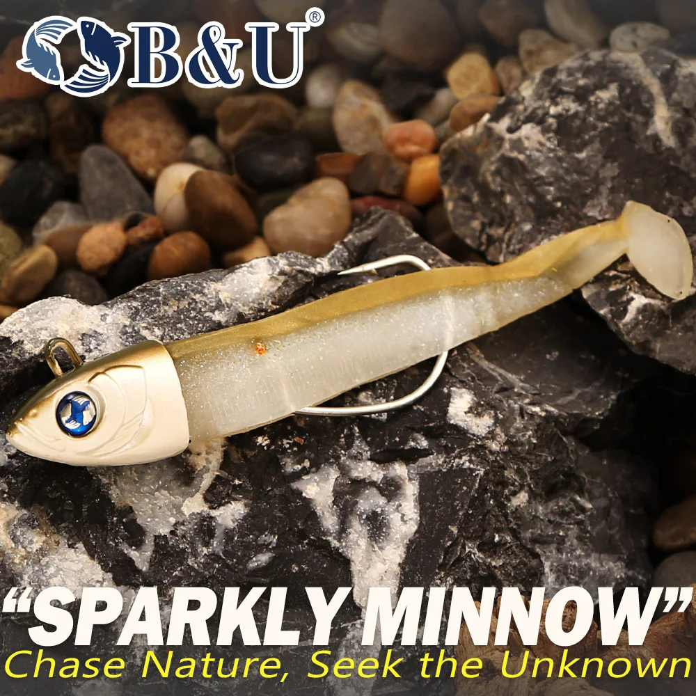 B&U Vorgefertigte Jighead-Softköder Glitzer-Minnow-Swimbaits mit Haken Süßwasser/Salzwasser-Angelköder für Barsch, Hecht, Seebarsch – Detail 6