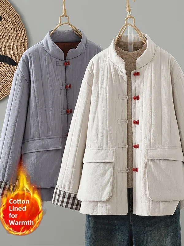 

Новое китайское хлопковое пальто с художественным воротником-стойкой и пуговицами, женское легкое хлопковое пальто с тонкой строчкой, верхняя одежда