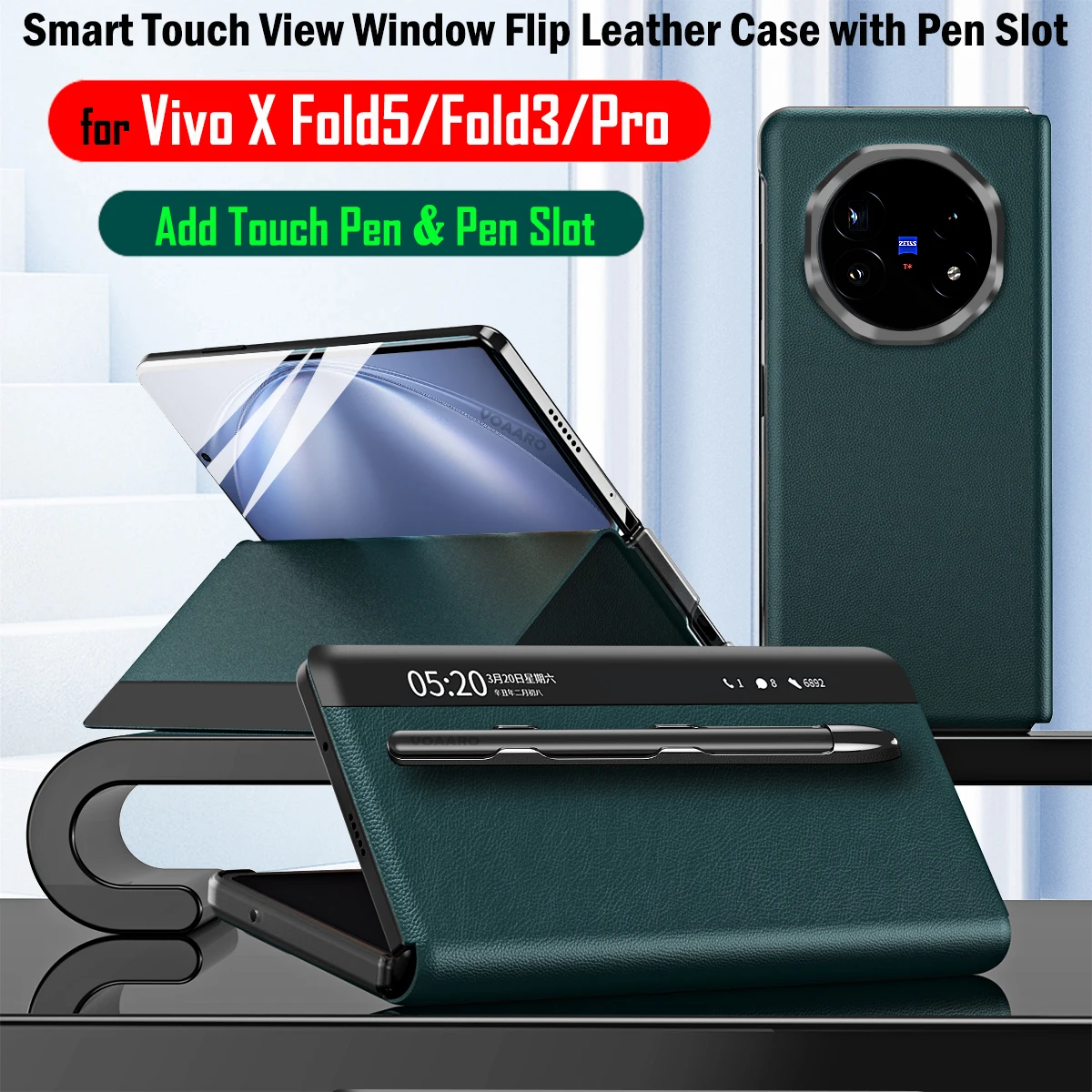 

Кожаный флип-чехол Smart Touch View Window для Vivo X Fold5 Fold3 Fold 5 3 Pro, чехол Wake Up Funda с слотом для ручки и добавлением сенсорной ручки