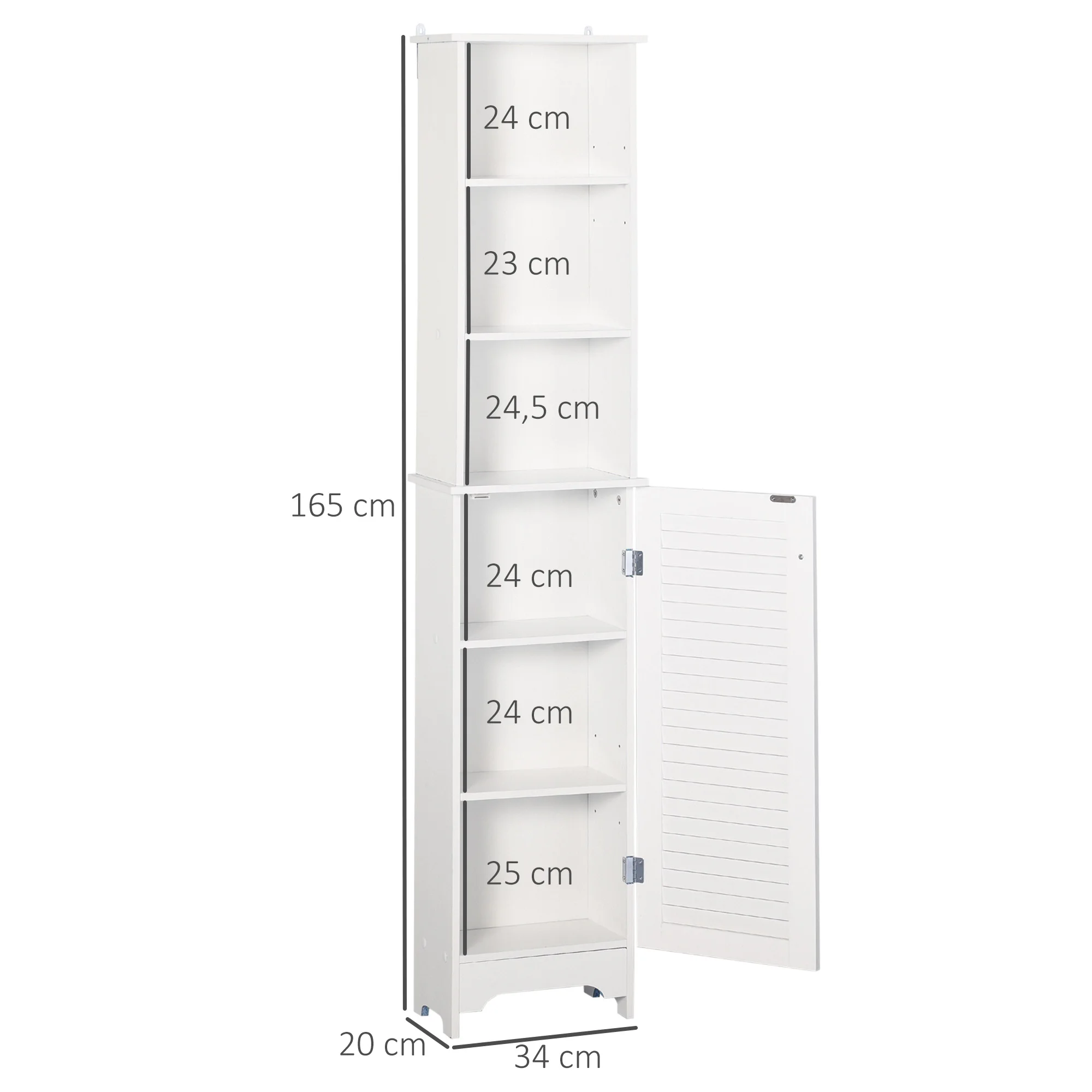 Armario Alto de Baño con Estantes Abiertos y Balda Interna, Mueble Auxiliar de Almacenamiento, 34x20x165 cm, Blanco