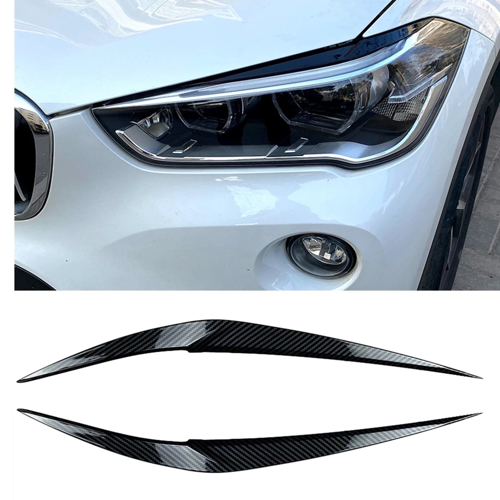 

For BMW X1 F48 2016-2021 Headlight Eyelid Eyebrow Trim Carbon Fiber Look/Gloss Black Front Headlamp Head Light Lamp Cover Brow