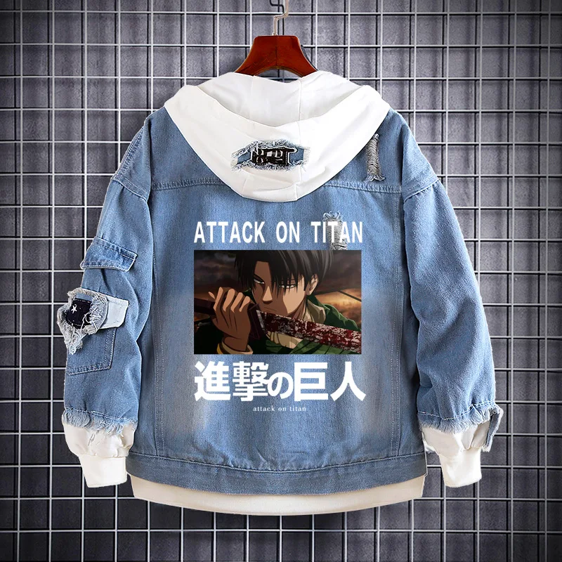 Attack Giant Spring and Autumn Long Sleeve Hooded Cartoon Printed Denim Sweater Anime Casual Lapel Fashion Denim Jacket Men