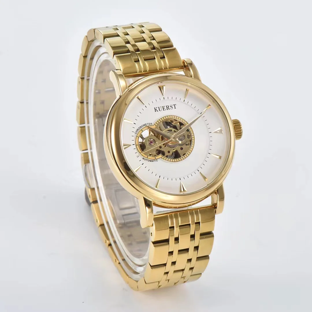 Reloj de pulsera dorado para hombre, reloj mecánico a prueba de agua, reloj profesional redondo, reloj de movimiento transparente