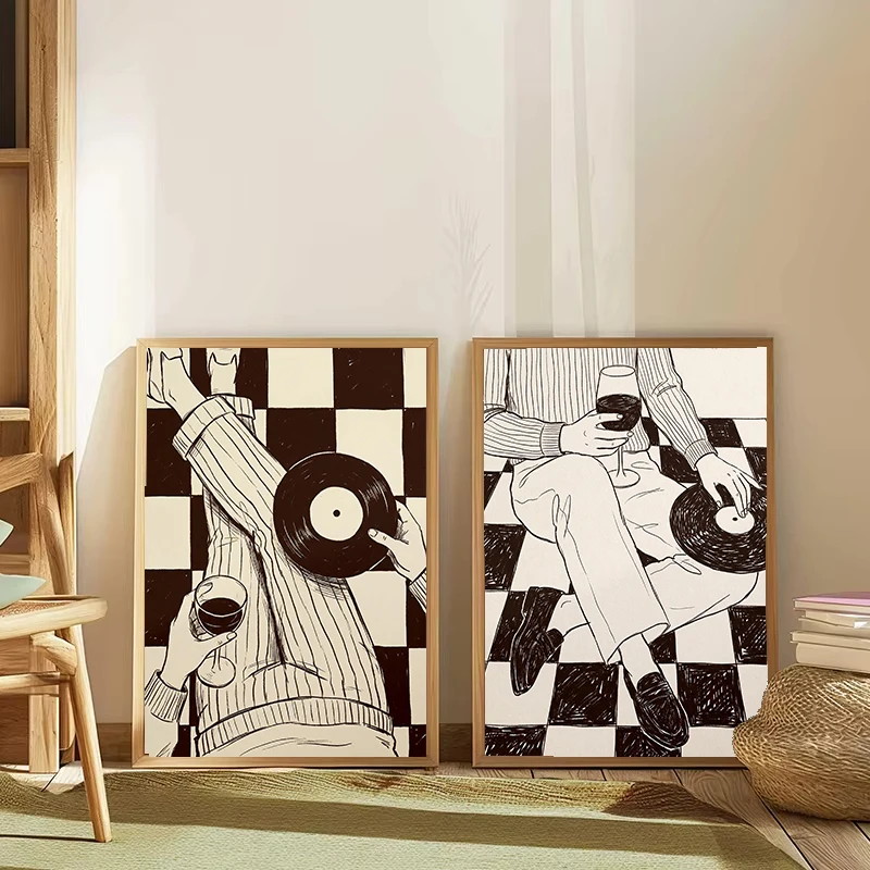Vinyl Record Wall Art Retro Wine Music Poster Canvas Painting Print Fashion Simple Line Drawing Living Room Kitchen Bar Decor