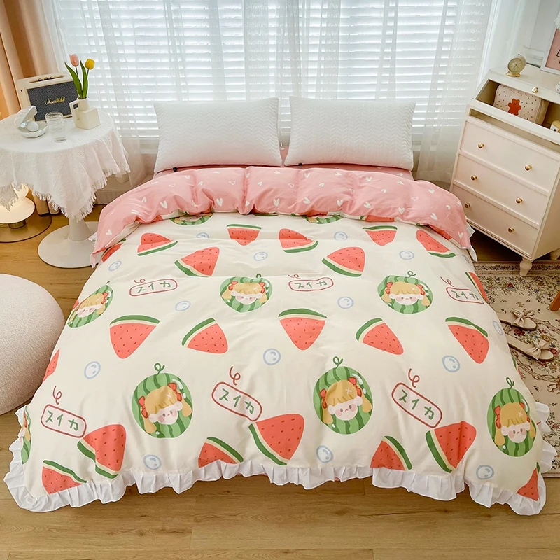 Cartoon Fruit Watermelon Ruffles Duvet Cover Bedroom Decor Cotton Bedding 1Pcs Soft Breathable Duvet Cover for Kids Boys Girls