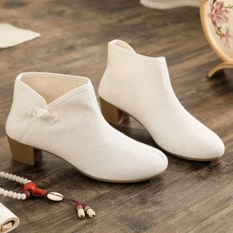 

Women Spring Autumn New Block Heel Ankle Cloth Boots Ethnic Style Solid Color Round Toe Slip On Cheongsam Nude Boots Hanfu Boot