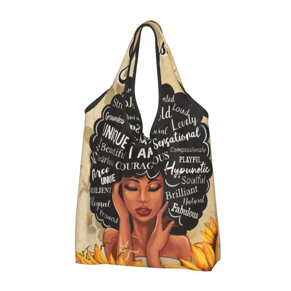 Funny Women Afro You Are Beautiful Shopping Tote Bags Portable African Stunning Glitter Yellow Groceries Shopper Shoulder Bag